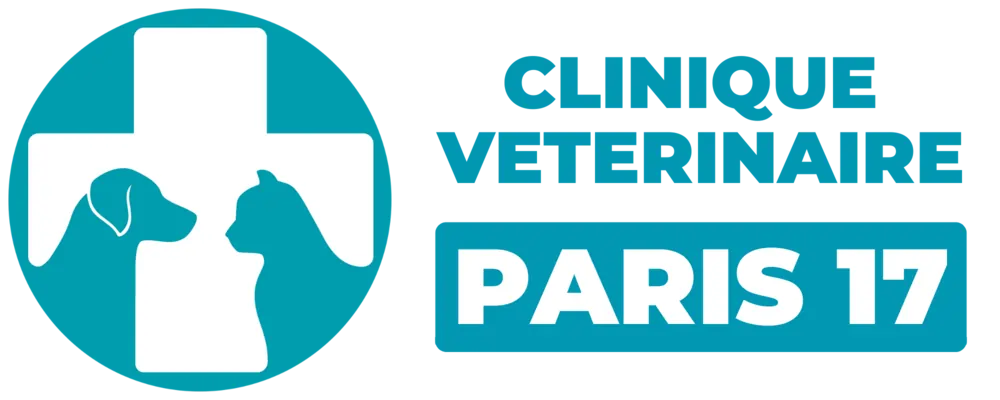 Logo de la Clinique Vétérinaire Paris 17, avec une croix blanche, les silhouettes d’un chien et d’un chat, et le texte "CLINIQUE VETERINAIRE PARIS 17" en bleu.