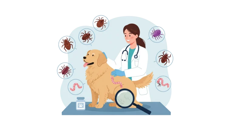 Illustration des principaux parasites (puces, tiques, vers) a côté d'un chien.