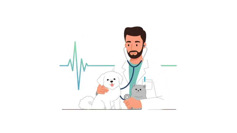 Vétérinaire auscultant un chien et un chat avec un stéthoscope, sur fond de tracé cardiaque.