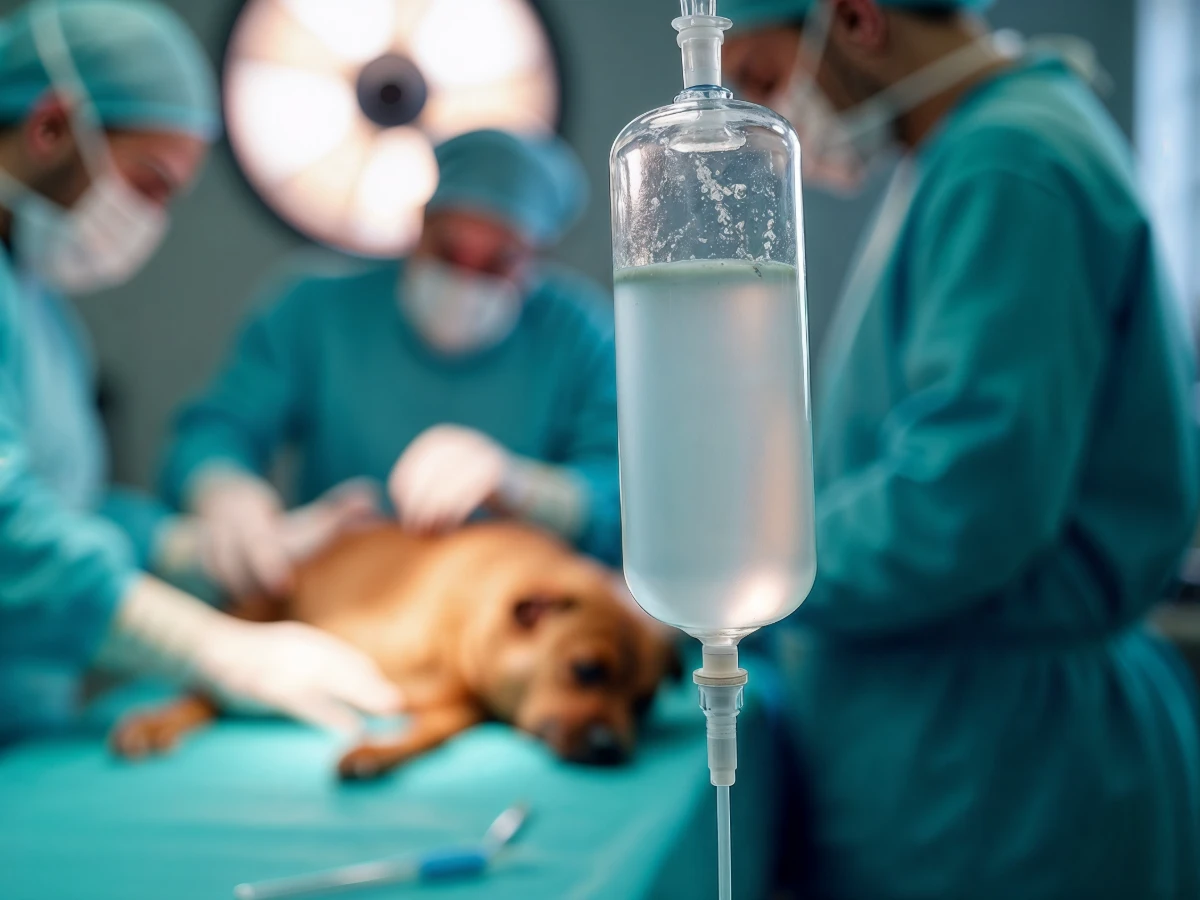 Chien endormi sur une table d’opération entouré d’une équipe vétérinaire en chirurgie