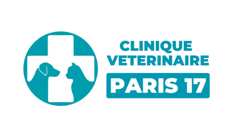 Logo de la Clinique Vétérinaire Paris 17, avec une croix blanche, les silhouettes d’un chien et d’un chat, et le texte "CLINIQUE VETERINAIRE PARIS 17" en bleu.