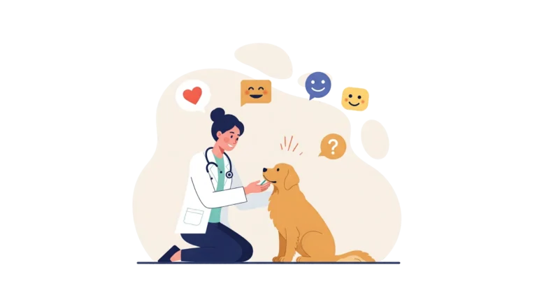 Vétérinaire interagissant avec un chien assis, entouré d’icônes d’émotions.
