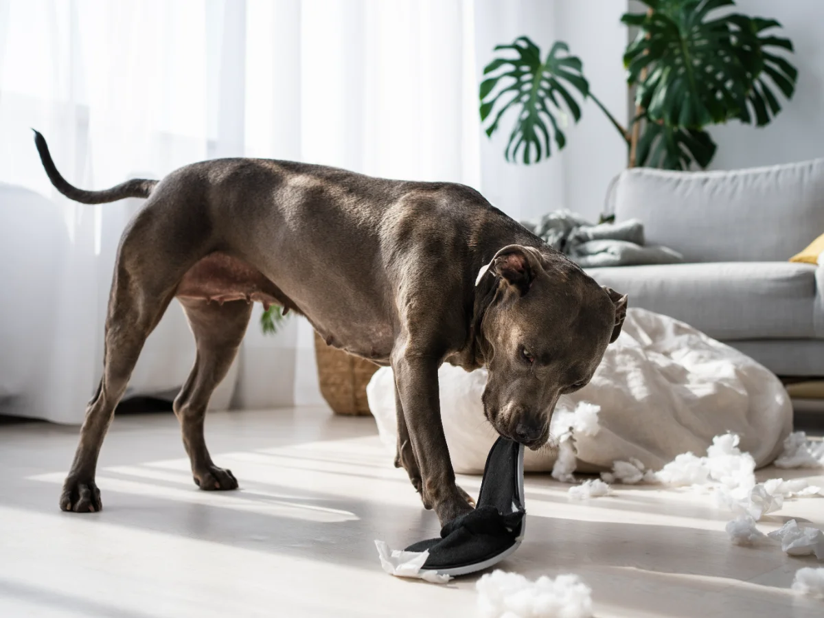 Chien mâchouillant une pantoufle au milieu de morceaux de tissu dans un salon lumineux.