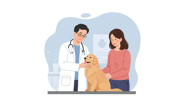 Vétérinaire examinant un chien en présence de sa propriétaire