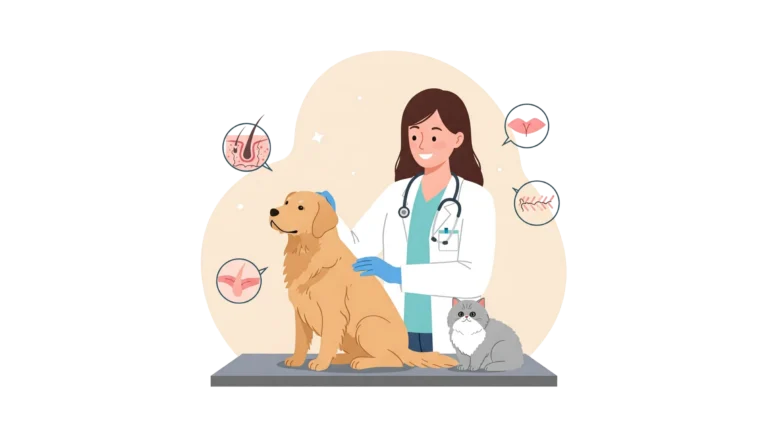 Vétérinaire avec un chien et un chat sur la table d’examen, entourés de schémas de peau.