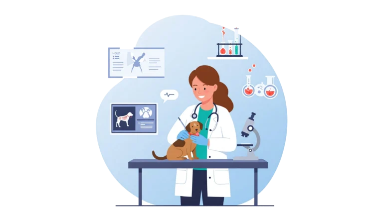 Vétérinaire examinant un chiot avec des équipements de laboratoire en arrière-plan