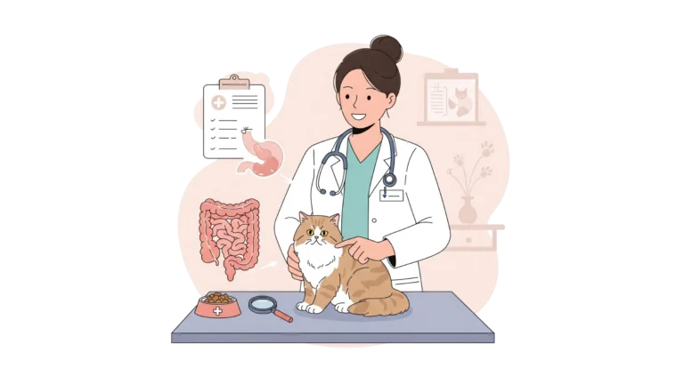 Vétérinaire examinant un chat sur une table, illustration d’organes digestifs en arrière-plan.