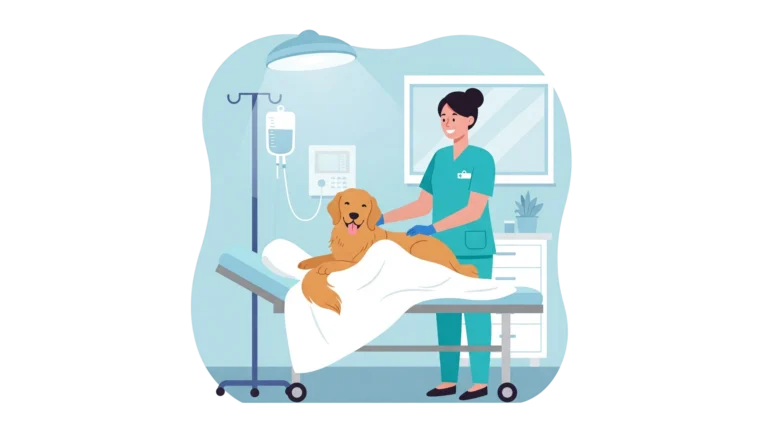 Vétérinaire prenant soin d’un chien hospitalisé sur une table d’examen.