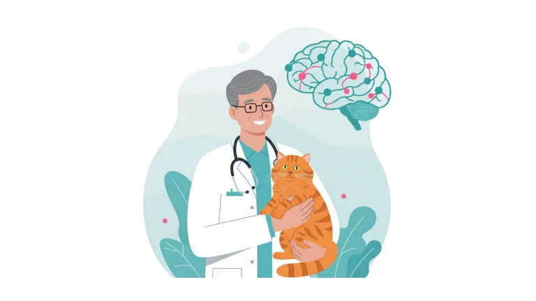 Vétérinaire tenant un chat roux devant une illustration de cerveau.