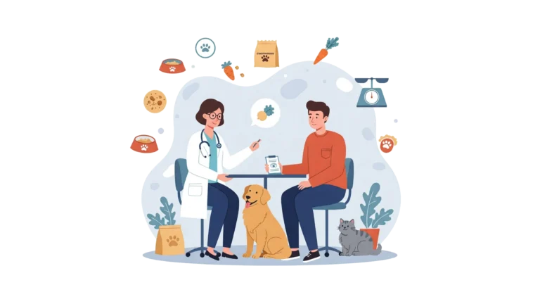 Vétérinaire conseillant un propriétaire sur l’alimentation de son chien, avec un chat à leurs côtés.
