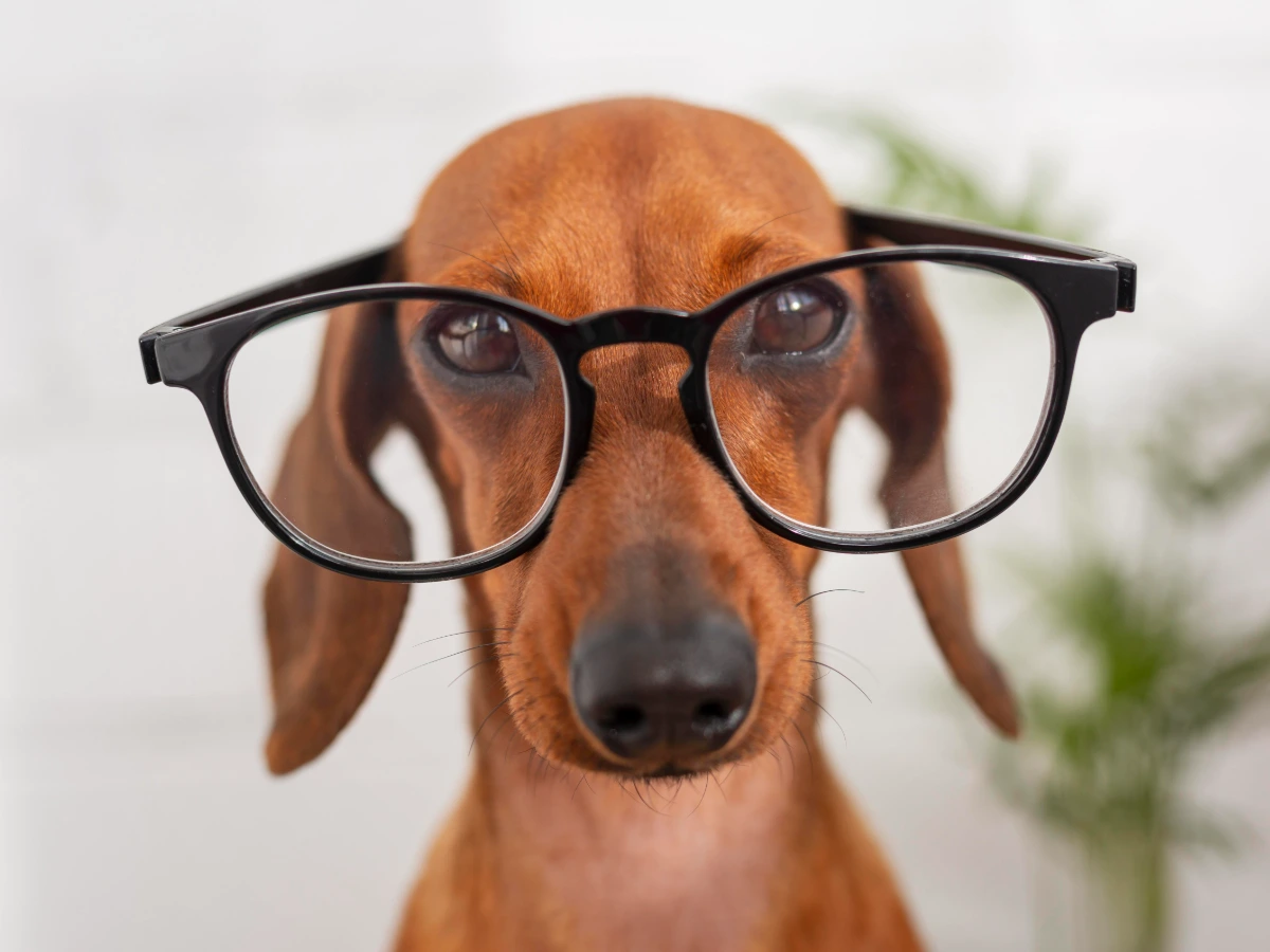 Chien marron portant de grandes lunettes noires, symbolisant l’ophtalmologie vétérinaire.