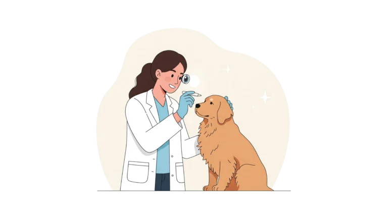 Vétérinaire examinant les yeux d’un chien avec un instrument médical.
