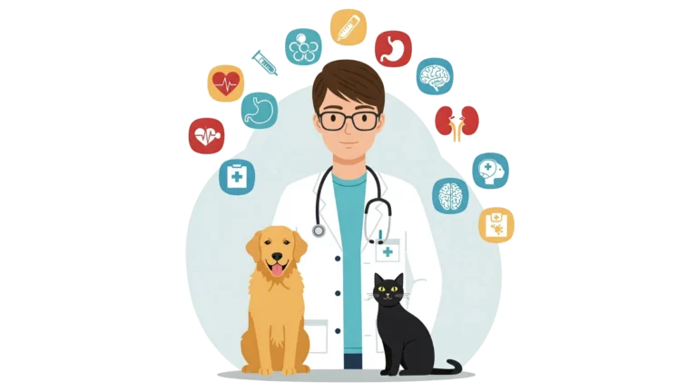 Vétérinaire entouré de pictogrammes médicaux, accompagné d’un chien et d’un chat.