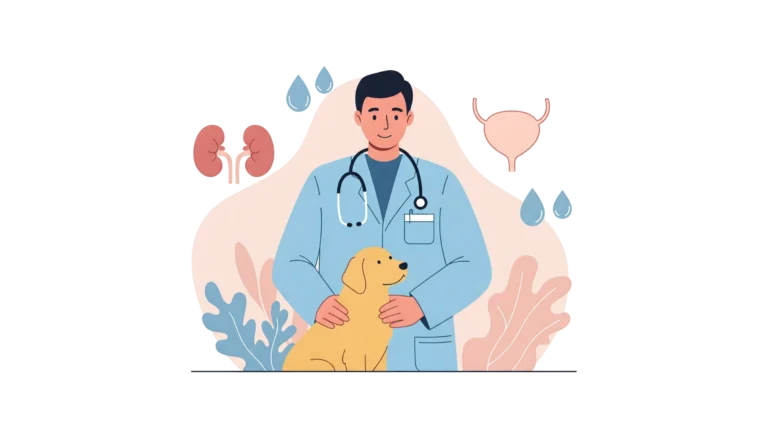 Illustration d’un vétérinaire en blouse bleue avec un stéthoscope, tenant un chien jaune, entouré de symboles représentant les reins, la vessie et des gouttes d’eau, évoquant l’urologie et la néphrologie vétérinaire.