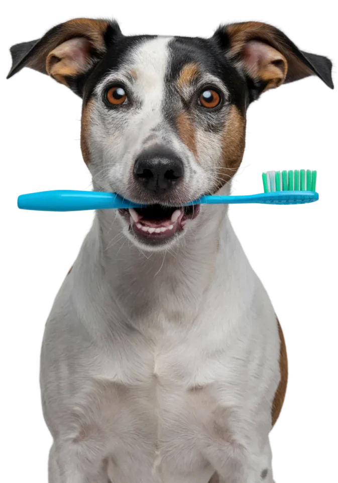 Vétérinaire en tenue tenant une brosse à dents, avec une tête de chien illustrant la prévention dentaire