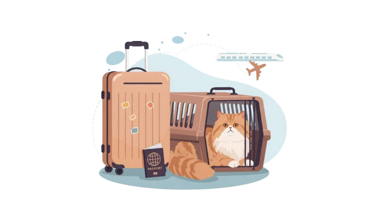 Une valise beige avec des autocollants, un passeport et un chat persan roux dans sa cage de transport. Arrière-plan bleu clair avec silhouettes d'avion et de train. Illustration vectorielle représentant le voyage avec animaux domestiques.